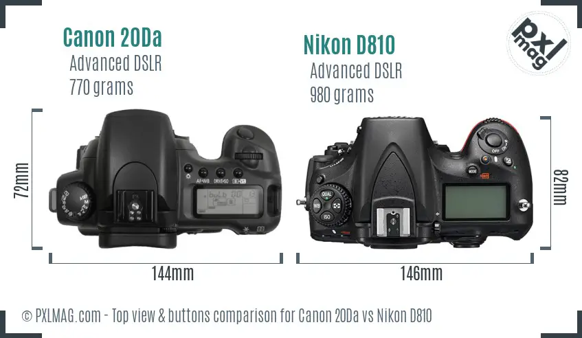 Canon 20Da vs Nikon D810 top view buttons comparison