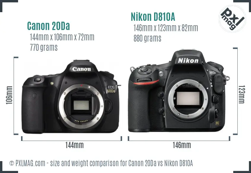 Canon 20Da vs Nikon D810A size comparison