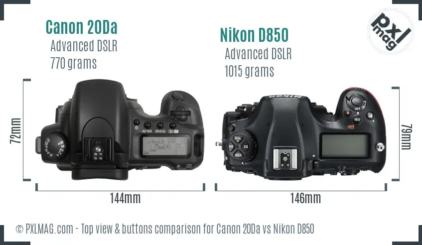 Canon 20Da vs Nikon D850 top view buttons comparison