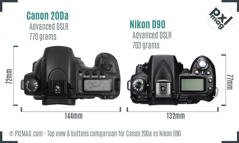 Canon 20Da vs Nikon D90 top view buttons comparison