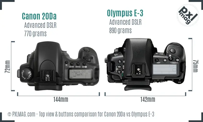 Canon 20Da vs Olympus E-3 top view buttons comparison Canon 20Da vs Olympus E-3 top view buttons comparison