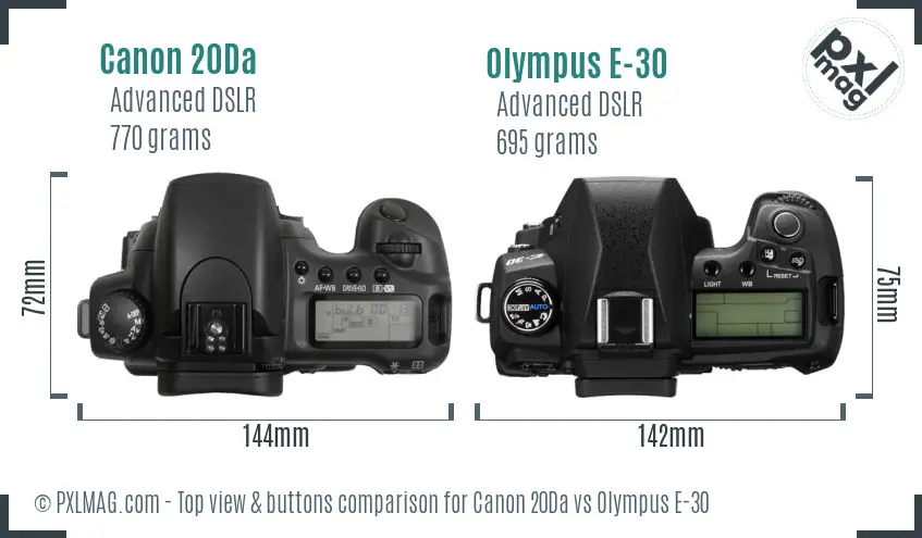 Canon 20Da vs Olympus E-30 top view buttons comparison