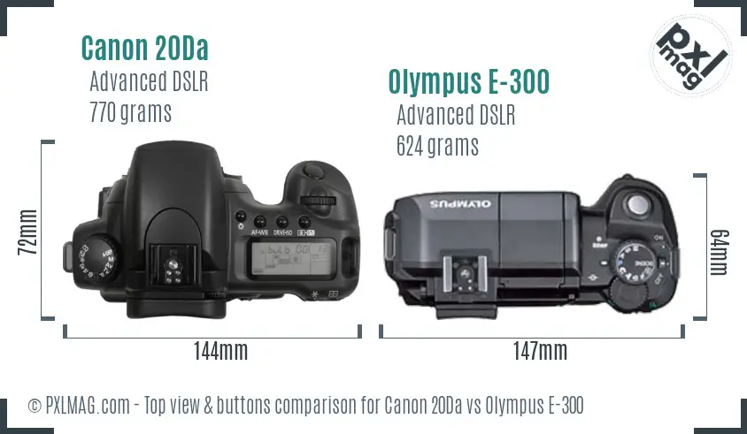 Canon 20Da vs Olympus E-300 top view buttons comparison