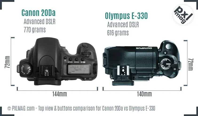 Canon 20Da vs Olympus E-330 top view buttons comparison
