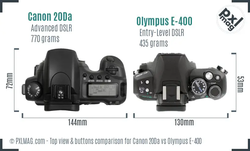 Canon 20Da vs Olympus E-400 top view buttons comparison
