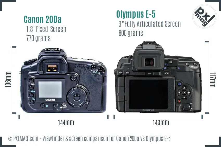 Canon 20Da vs Olympus E-5 Screen and Viewfinder comparison