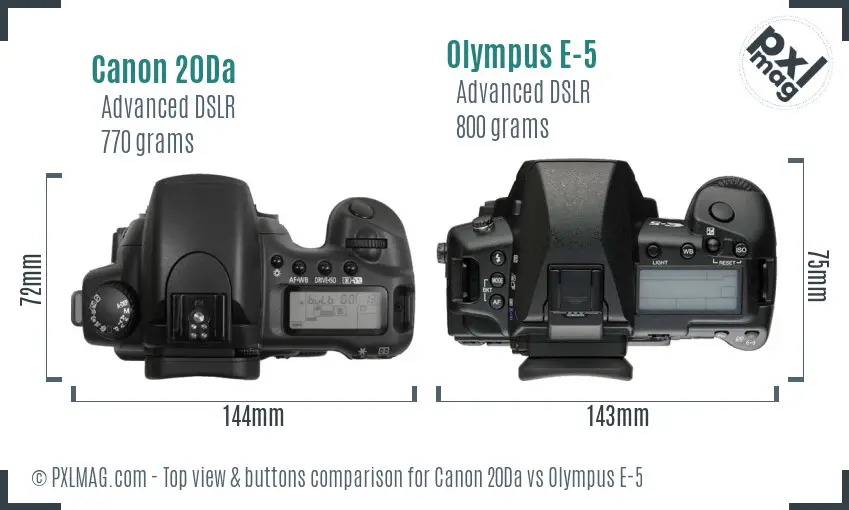 Canon 20Da vs Olympus E-5 top view buttons comparison