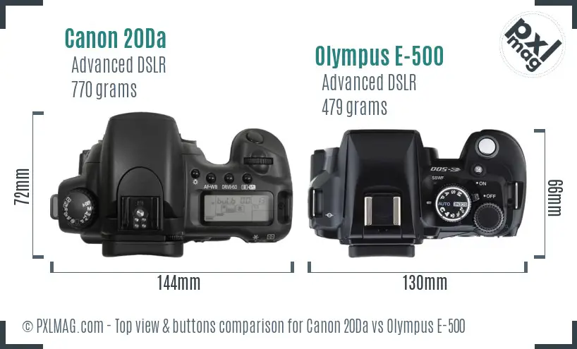 Canon 20Da vs Olympus E-500 top view buttons comparison