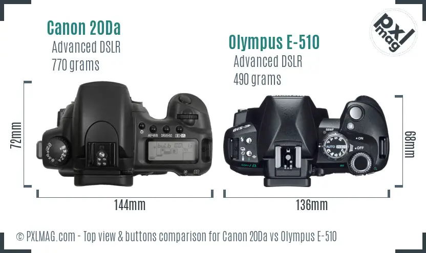 Canon 20Da vs Olympus E-510 top view buttons comparison
