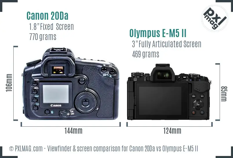 Canon 20Da vs Olympus E-M5 II Screen and Viewfinder comparison