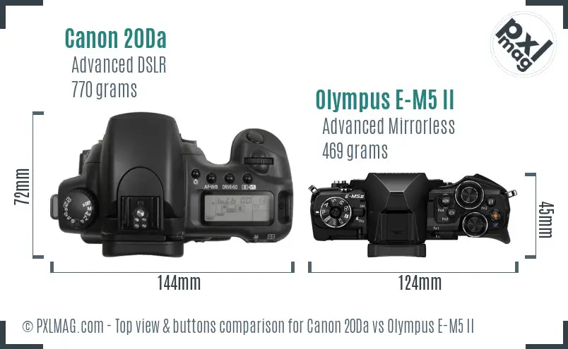 Canon 20Da vs Olympus E-M5 II top view buttons comparison