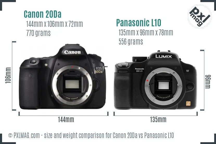 Canon 20Da vs Panasonic L10 size comparison