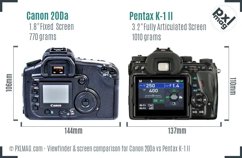 Canon 20Da vs Pentax K-1 II Screen and Viewfinder comparison