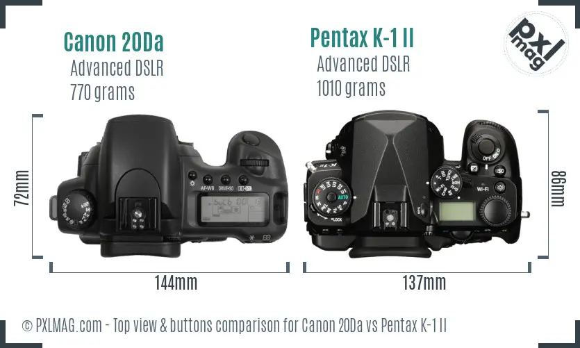 Canon 20Da vs Pentax K-1 II top view buttons comparison