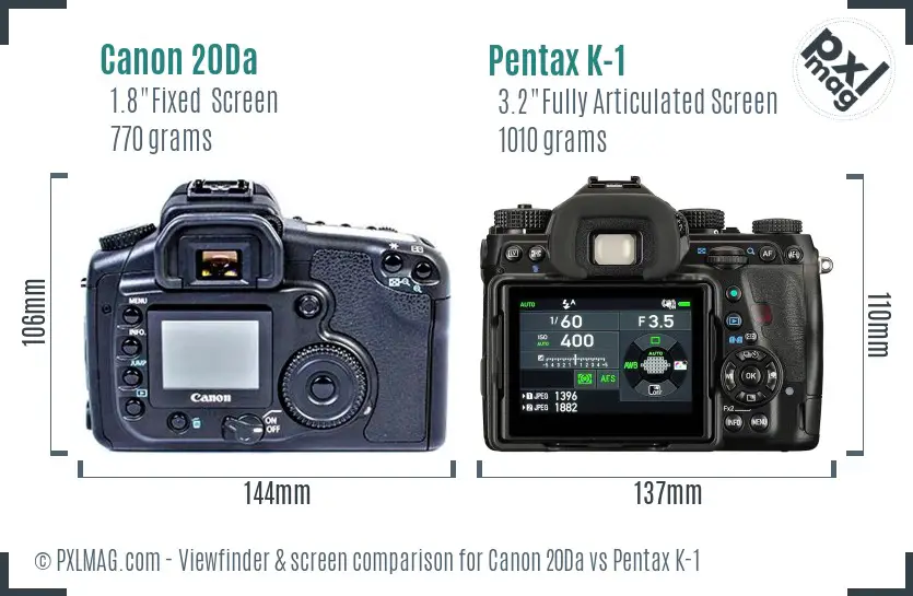 Canon 20Da vs Pentax K-1 Screen and Viewfinder comparison