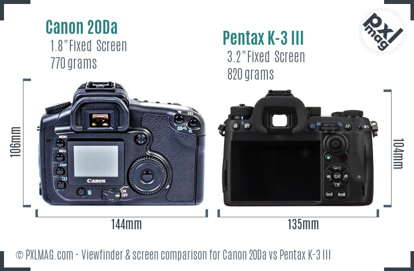 Canon 20Da vs Pentax K-3 III Screen and Viewfinder comparison