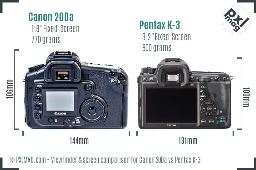 Canon 20Da vs Pentax K-3 Screen and Viewfinder comparison
