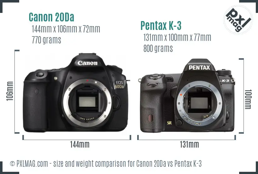 Canon 20Da vs Pentax K-3 size comparison