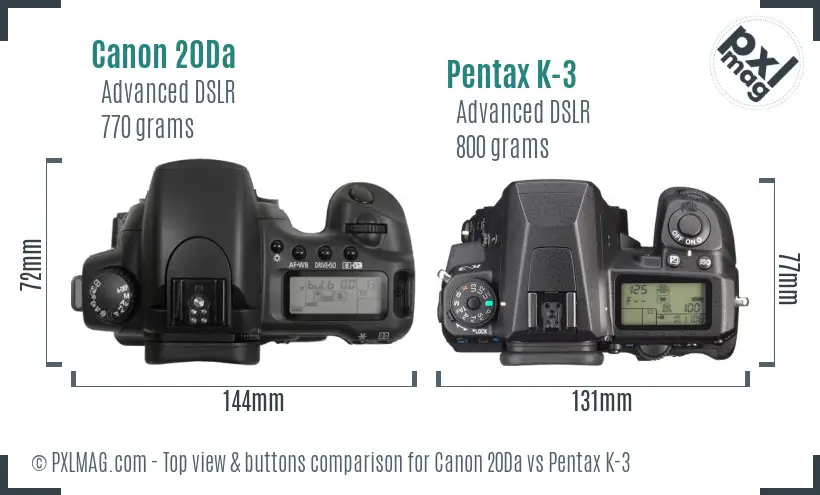 Canon 20Da vs Pentax K-3 top view buttons comparison