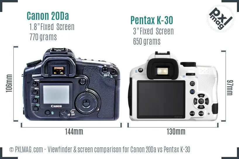 Canon 20Da vs Pentax K-30 Screen and Viewfinder comparison