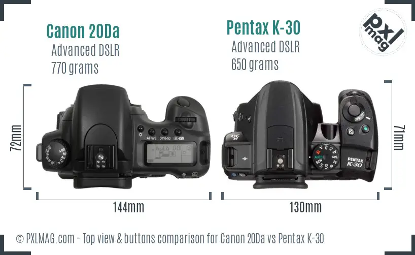 Canon 20Da vs Pentax K-30 top view buttons comparison