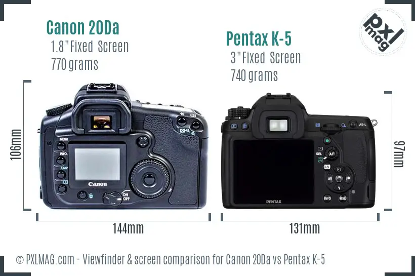 Canon 20Da vs Pentax K-5 Screen and Viewfinder comparison