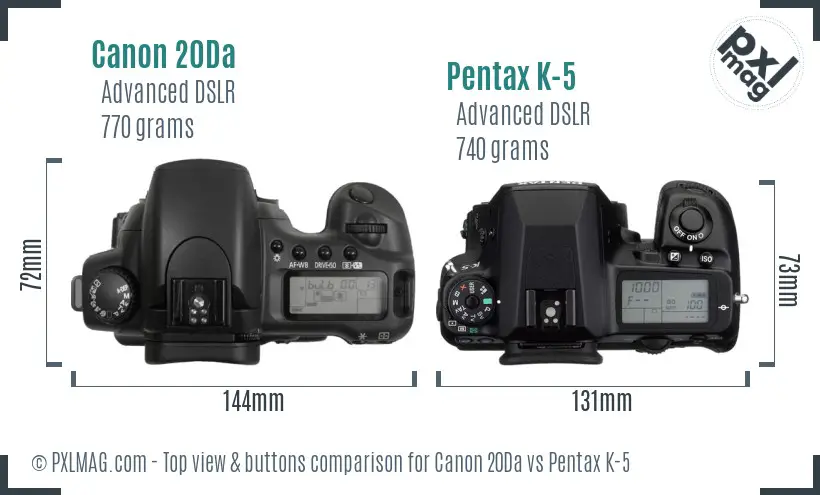 Canon 20Da vs Pentax K-5 top view buttons comparison