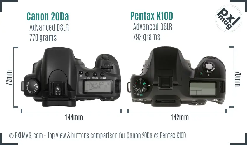 Canon 20Da vs Pentax K10D top view buttons comparison