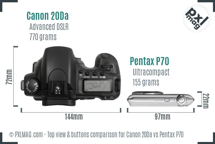 Canon 20Da vs Pentax P70 top view buttons comparison