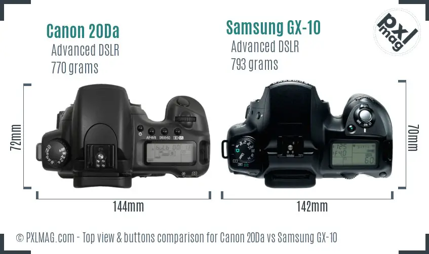 Canon 20Da vs Samsung GX-10 top view buttons comparison
