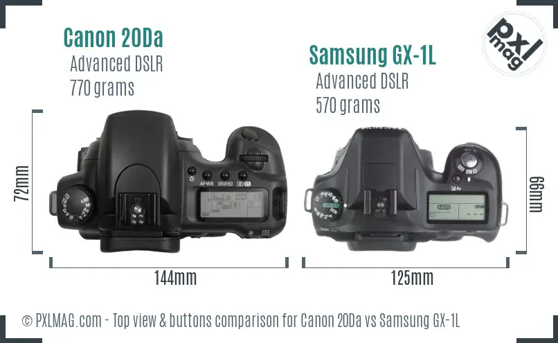 Canon 20Da vs Samsung GX-1L top view buttons comparison