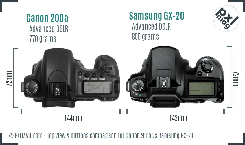 Canon 20Da vs Samsung GX-20 top view buttons comparison