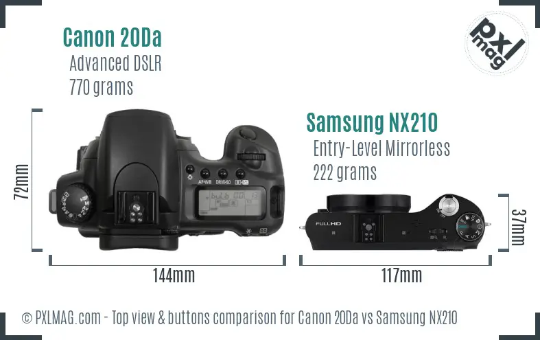 Canon 20Da vs Samsung NX210 top view buttons comparison