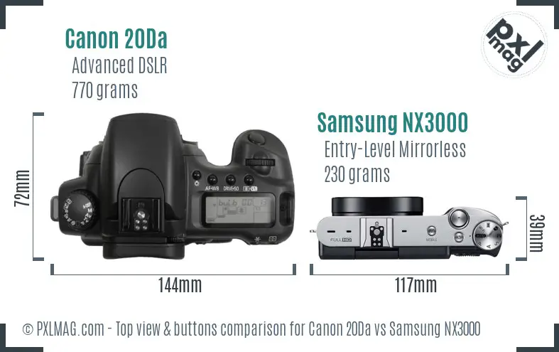 Canon 20Da vs Samsung NX3000 top view buttons comparison
