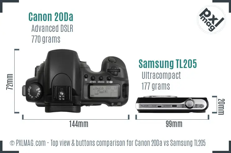 Canon 20Da vs Samsung TL205 top view buttons comparison