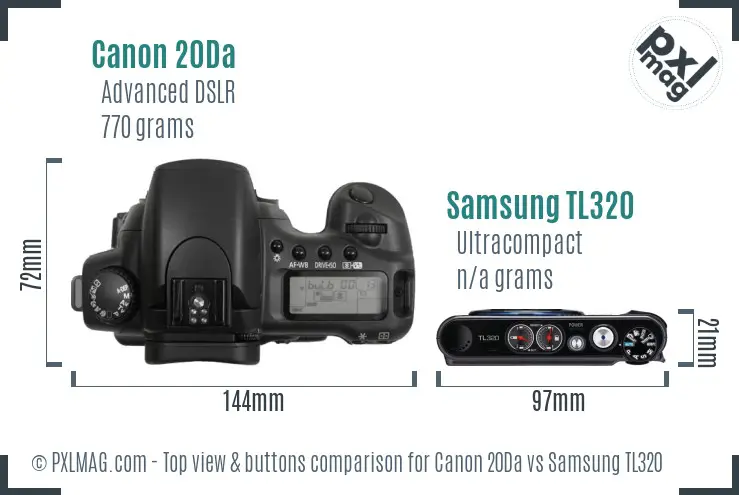 Canon 20Da vs Samsung TL320 top view buttons comparison