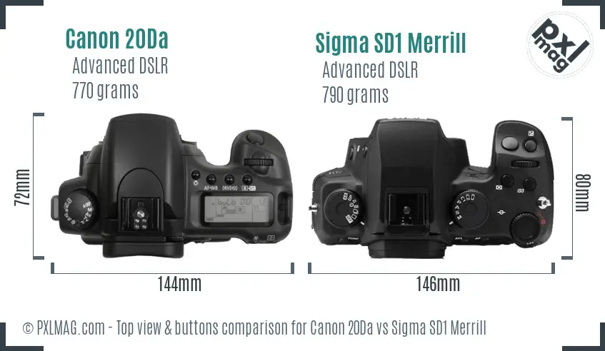 Canon 20Da vs Sigma SD1 Merrill top view buttons comparison