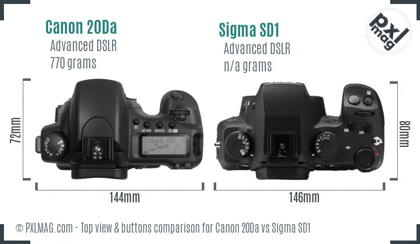 Canon 20Da vs Sigma SD1 top view buttons comparison