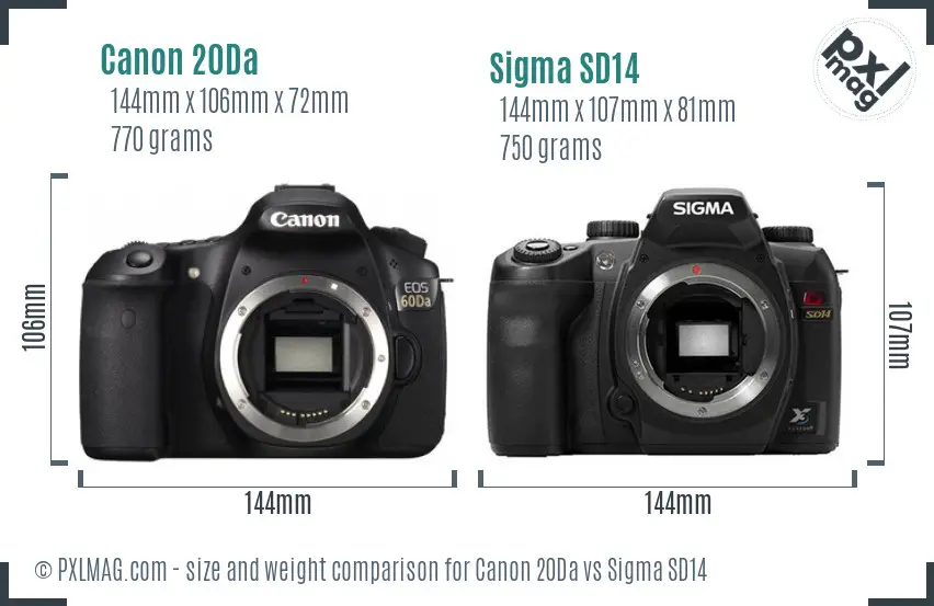 Canon 20Da vs Sigma SD14 size comparison