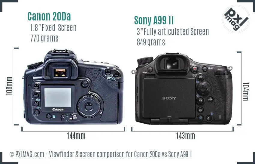 Canon 20Da vs Sony A99 II Screen and Viewfinder comparison
