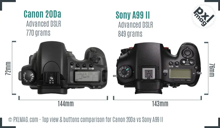 Canon 20Da vs Sony A99 II top view buttons comparison