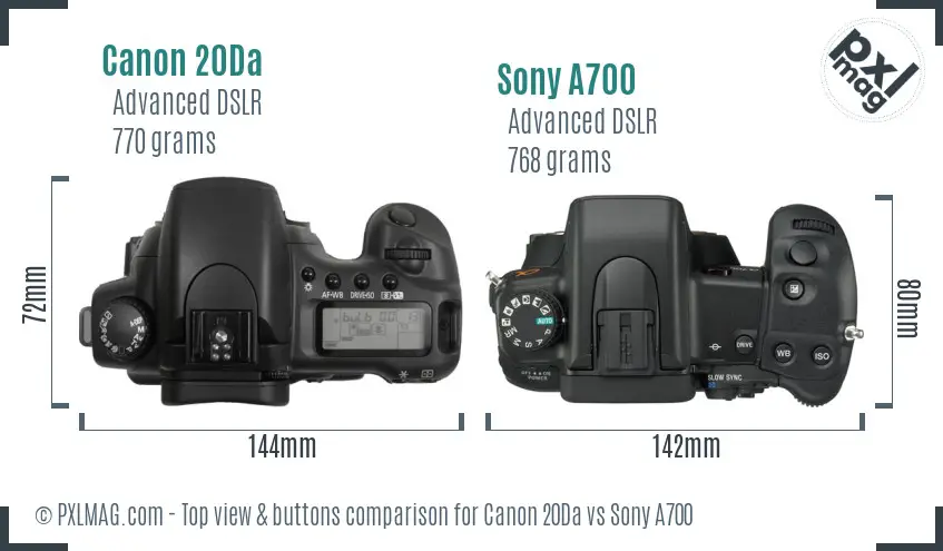 Canon 20Da vs Sony A700 top view buttons comparison