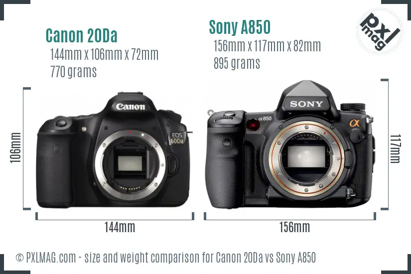 Canon 20Da vs Sony A850 size comparison