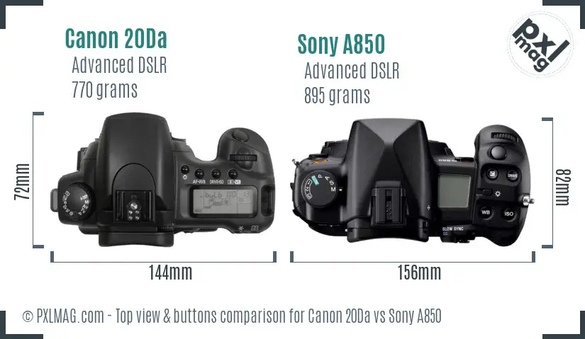 Canon 20Da vs Sony A850 top view buttons comparison