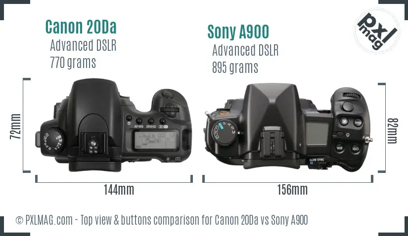 Canon 20Da vs Sony A900 top view buttons comparison Canon 20Da vs Sony A900 top view buttons comparison