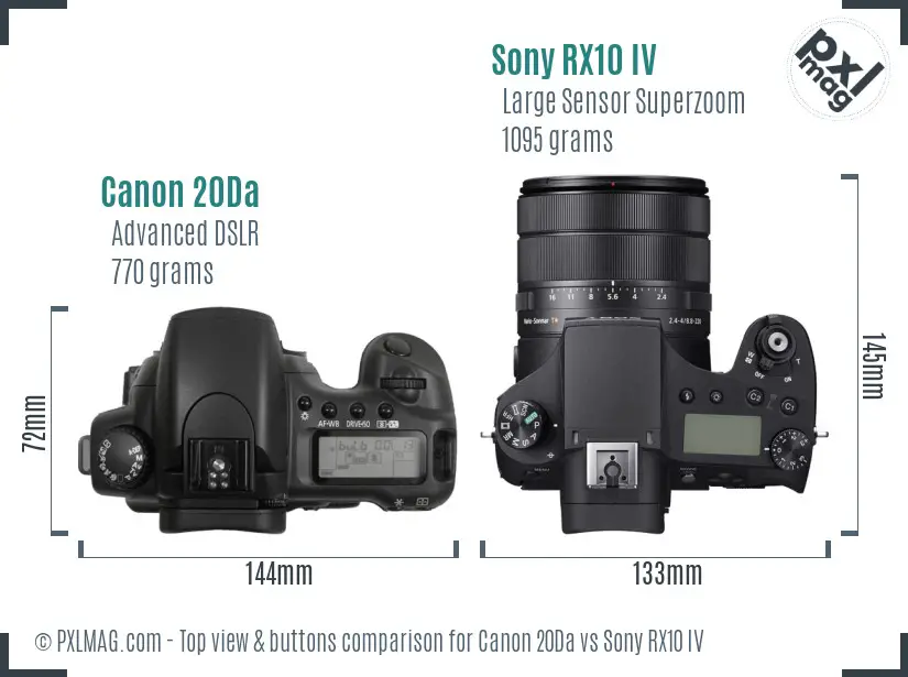 Canon 20Da vs Sony RX10 IV top view buttons comparison