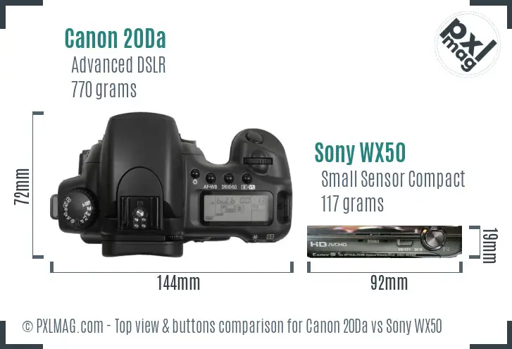 Canon 20Da vs Sony WX50 top view buttons comparison