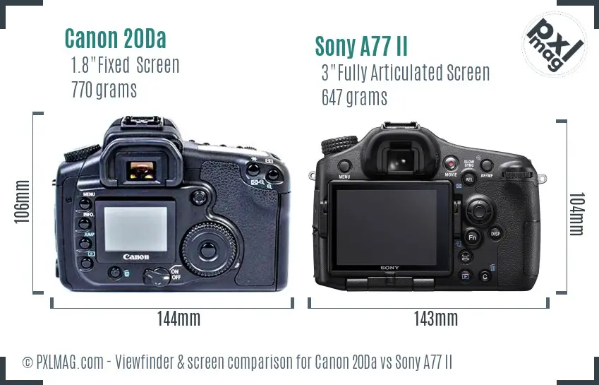 Canon 20Da vs Sony A77 II Screen and Viewfinder comparison
