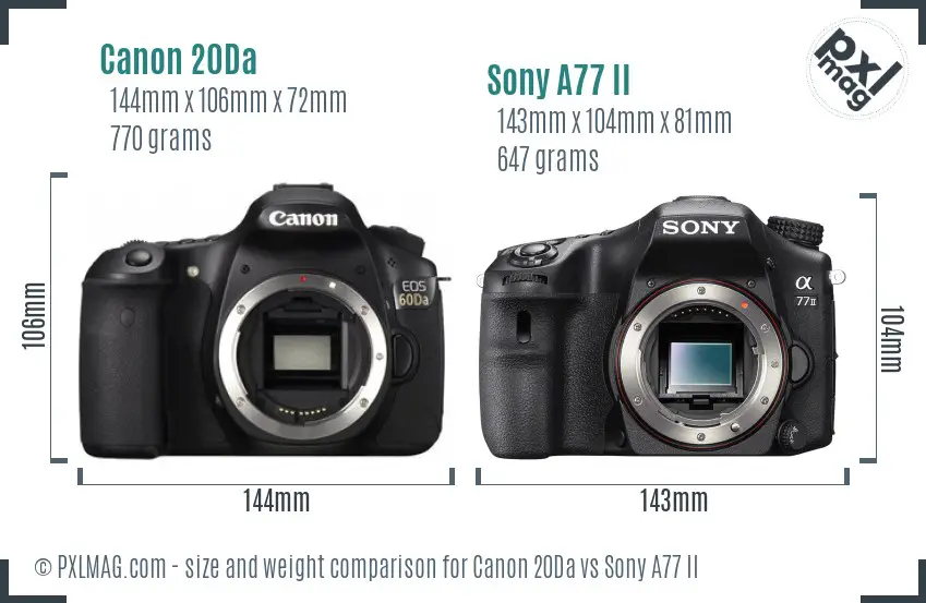 Canon 20Da vs Sony A77 II size comparison