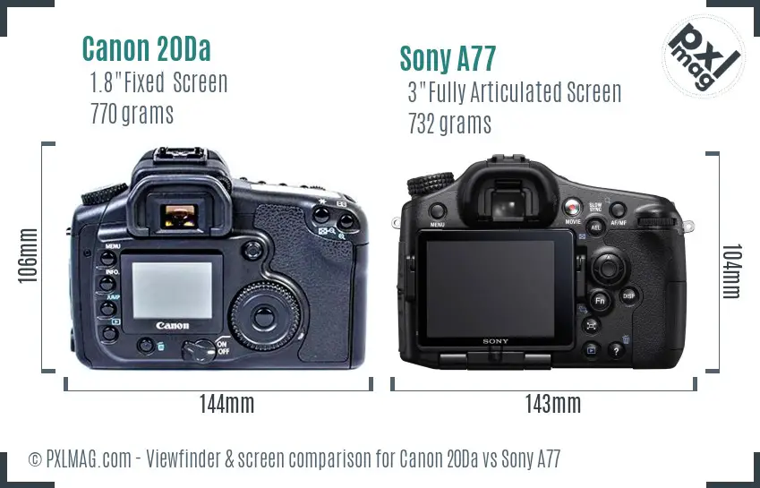 Canon 20Da vs Sony A77 Screen and Viewfinder comparison